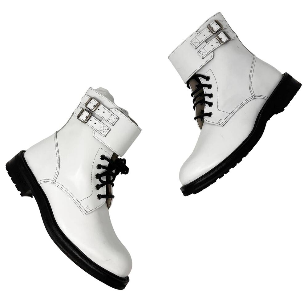 AllSaints Brigade White Leather Combat Buckle Lace Up Ankle Strap Boot EU 36 - Picture 2 of 12